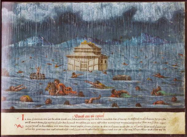 Painting of the Great Flood as told in Genesis. Augsburger Wunderzeichenbuch, Folio 1 (Genesis 7, 11-14). (Public domain)