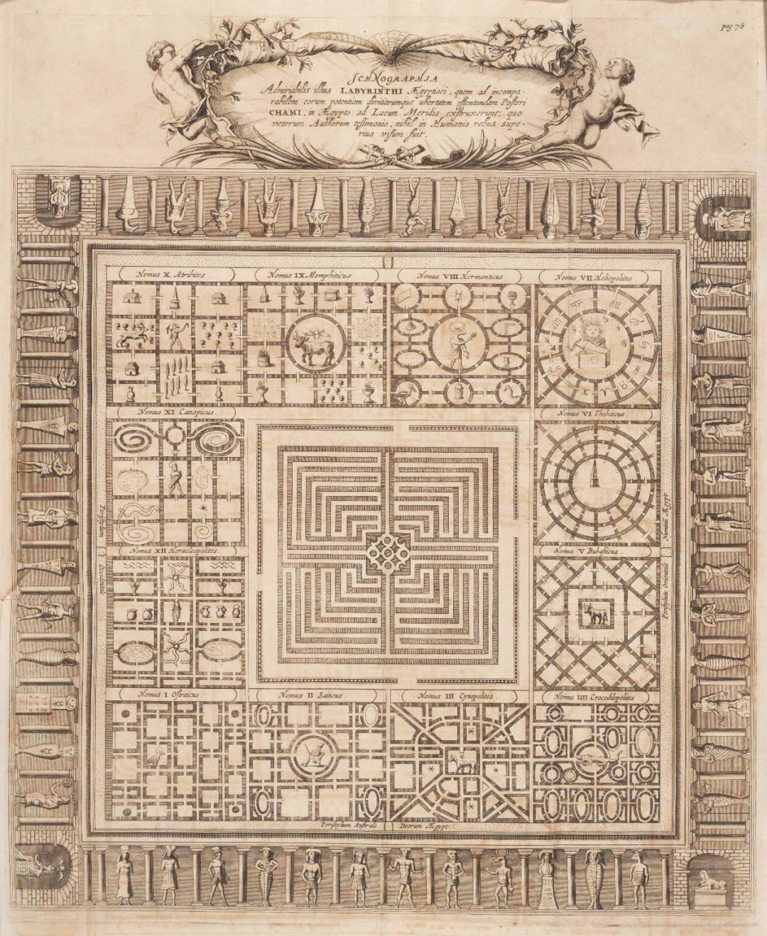 Reconstruction of the Egyptian Labyrinth by Athanasius Kircher (copper-plate engraving) 1670.