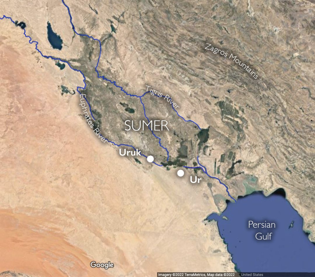 Map of Sumer with approximate locations of Uruk and Ur (underlying map © Google)