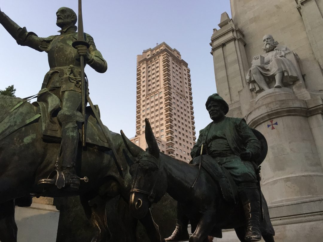 Cervantes looking over his characters Don Quixote and Sancho Panza in the Plaza de España