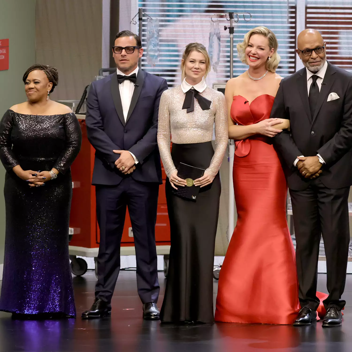 Chandra Wilson, Justin Chambers, Ellen Pompeo, Katherine Heigl and James Pickens speak onstage during the 75th Primetime Emmy Awards at Peacock Theater on January 15, 2024 in Los Angeles, California