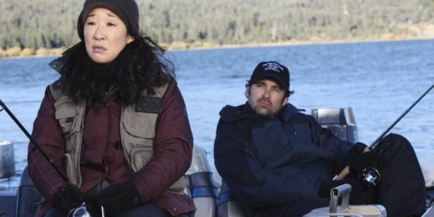 Sandra Oh and Patrick Dempsey as Cristina Yang and Derek Shepherd in Grey's Anatomy, sitting in a fishing boat